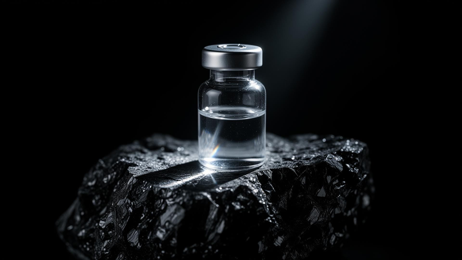 Peptide vial on obsidian rock